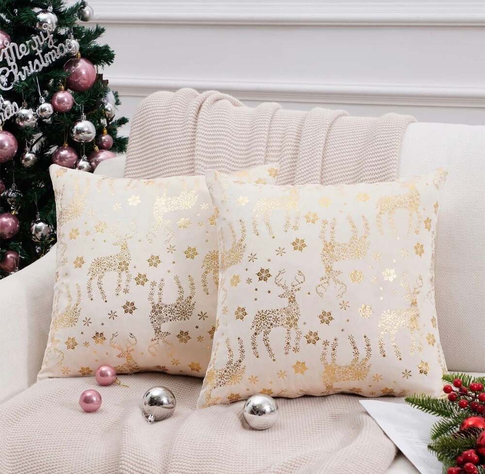 Set of 2 Christmas Gold Foil Reindeer and Snowflake Throw Pillow Covers, 12x12